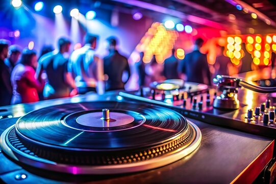 DJ turntable in nightclub with disco light closeup