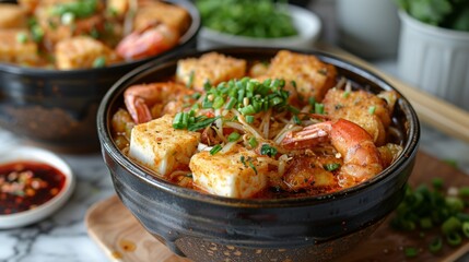 Singaporean Laksa: A spicy laksa noodle soup with prawns, tofu puffs, and a coconut milk broth. Curry Laksa. Laksa Lemak.