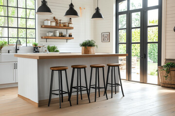 Pair of swivel bar stools with cream leatherette and dark wood frame, placed on an area rug in a modern kitchen with white cabinets and marble countertop.