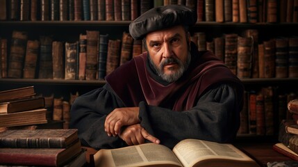 evocative portrait of a medieval scholar, surrounded by manuscripts and ancient books, illustrating the pursuit of knowledge and learning during the Middle Ages