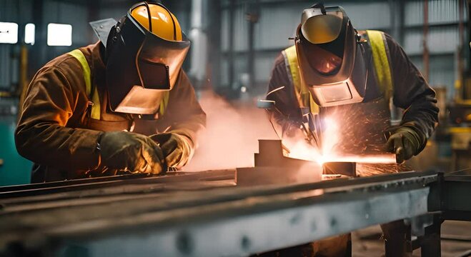 Welders welding in a factory.