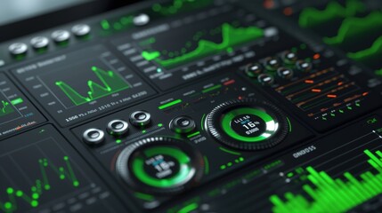 A sophisticated dashboard is showcasing various analytics and metrics through vibrant green visualizations, reflecting data trends and real-time statistics