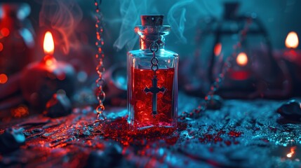 A glass bottle filled with a vibrant red liquid rests on a shadowy surface, surrounded by glowing candles and hints of mist, creating an enchanting yet unsettling atmosphere
