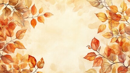 Autumn Leaves Watercolor Border on Beige Background