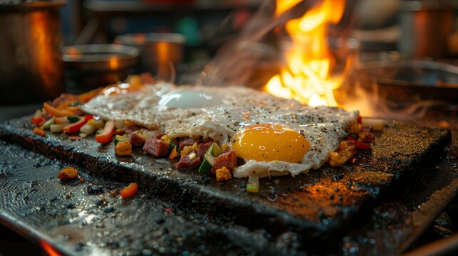 Sri Lankan Kottu Roti: A plate of kottu roti with chopped flatbread, vegetables, eggs, and meat, cooked on a hot griddle.