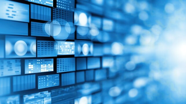 The visual displays a collection of blue digital interface elements, creating an abstract representation of technology, data flow, and connectivity, with glowing effects enhancing the depth