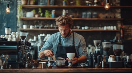 A barista prepares coffee in a cozy coffee shop. The scene captures the meticulous process of brewing coffee using various barista tools. Coffee shop Bar counter. Cafe. Restaurant. Coffee to go