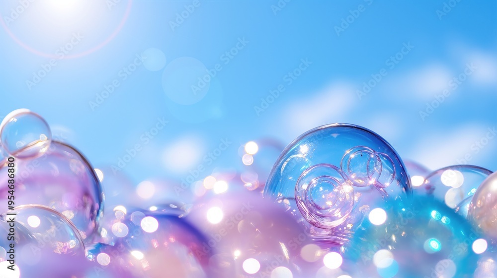 Poster bubbles of various sizes float freely in the air, catching sunlight and reflecting a spectrum of col
