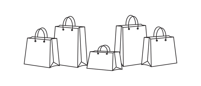 Shopping bags line art icon, paper bags icon, vector, silhouette.  Package design, Grocery bag, Online Shop Symbol, Paper hand bag, gift bag illustration. Vector illustration.