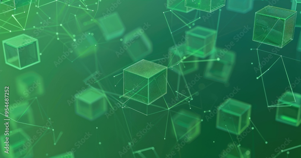 Poster a digital representation of green cubes interconnected by lines, symbolizing data, technology, and c