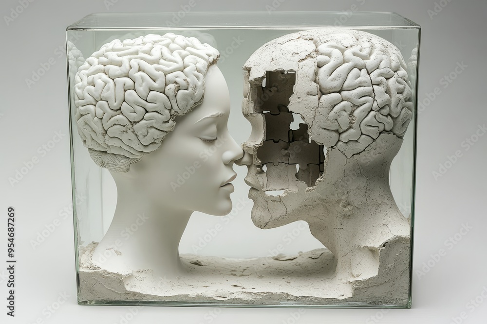 Poster decision making parallel minimalist sculpture of two heads with exposed brains symbolizing the raw a