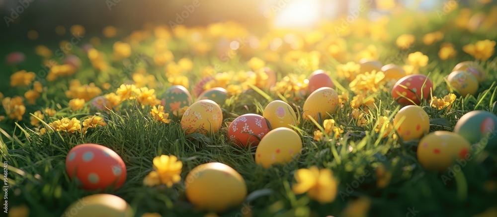 Poster colorful easter eggs scattered among yellow flowers in green grass illuminated by sunlight easter ar