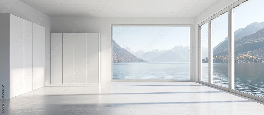 Poster a vacant white room with windows facing the lake and a large white wardrobe no one is present inside