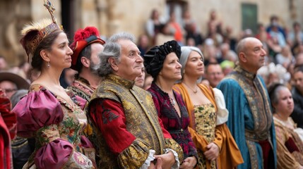 A group of elegantly dressed spectators attentively observes a historical reenactment taking place in a lively town square filled with onlookers during the festival