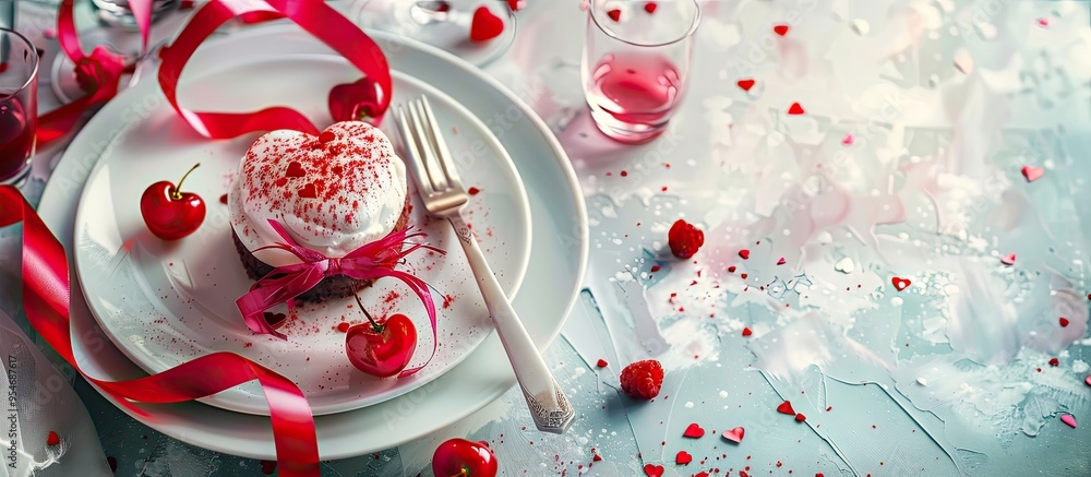 Poster valentine s day table decoration featuring a ribbon and a decorative heart a dinner setup for valent