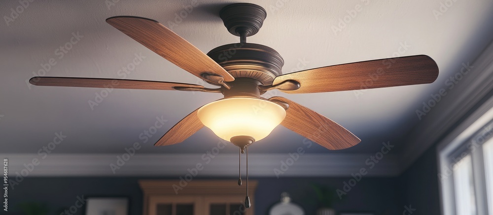 Poster Ceiling fan featuring a wooden design with five blades and an integrated light. with copy space image. Place for adding text or design