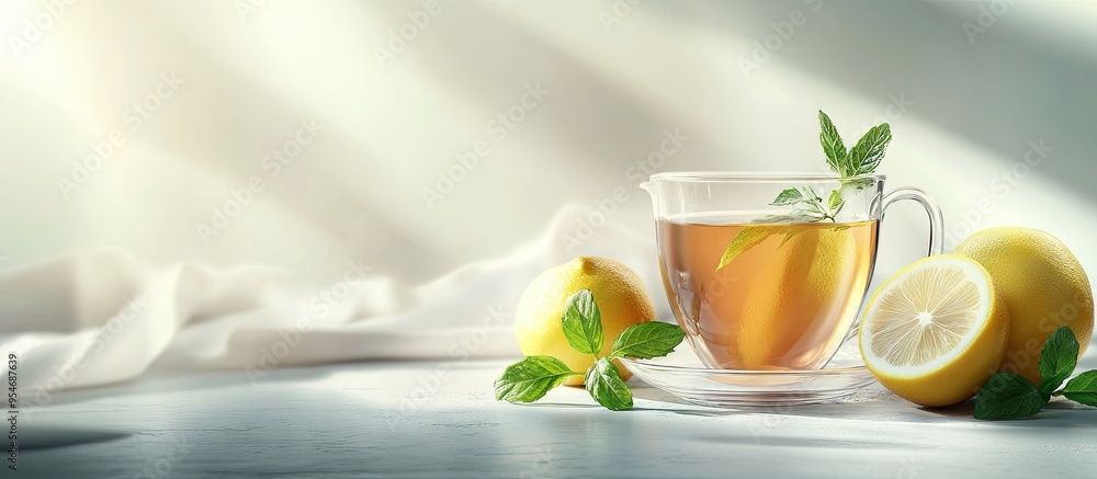 Leinwandbilder tea with mint and lemon. with copy space image. place for adding text or design