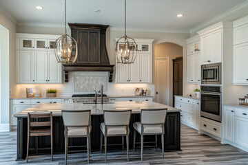 Sleek modern kitchen with a central island, white cabinetry, and dark wood accents, showcasing luxury design and high-end finishes.