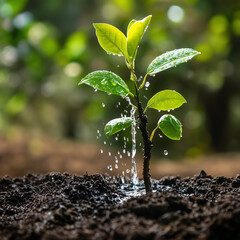 Tree sapling being watered after planting, with fresh soil around its base