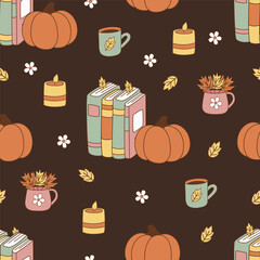 seamless pattern with cute  pumpkin, book, candle, mug