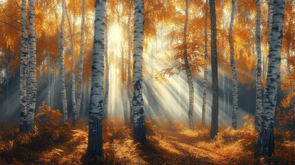 Obraz premium Sunbeams Illuminating a Misty Birch Forest in Autumn