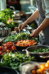 Obraz premium A chef in a professional kitchen prepares a dish with fresh ingredients, highlighting the importance of quality and culinary artistry