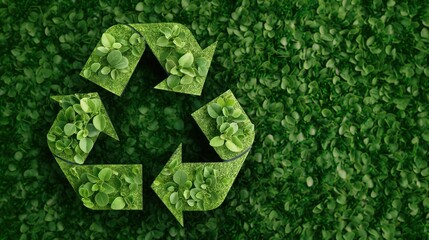 A vibrant recycling symbol crafted from various shades of green leaves rests atop a rich, leafy background, highlighting themes of sustainability and ecological preservation in nature