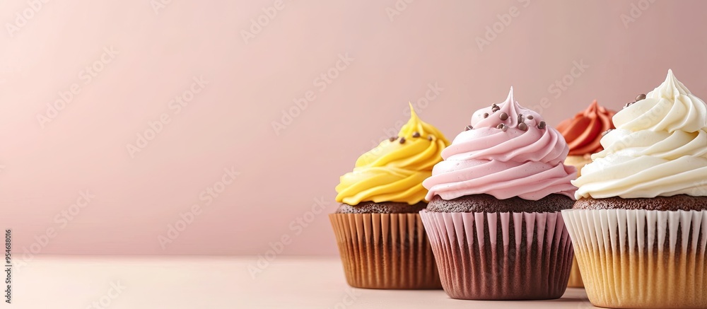 Poster Assorted cupcakes in various colors. with copy space image. Place for adding text or design