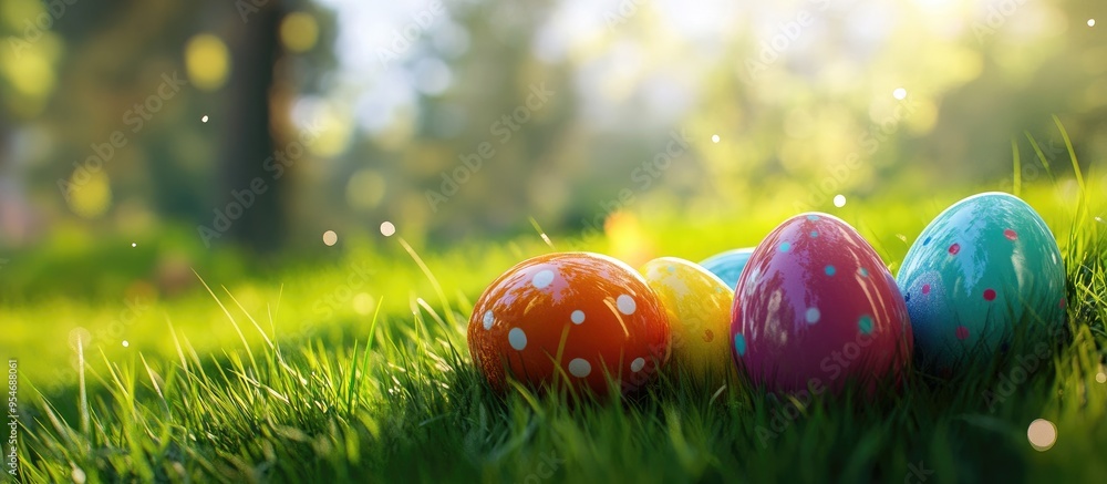 Poster vibrant easter eggs on green grass. with copy space image. place for adding text or design
