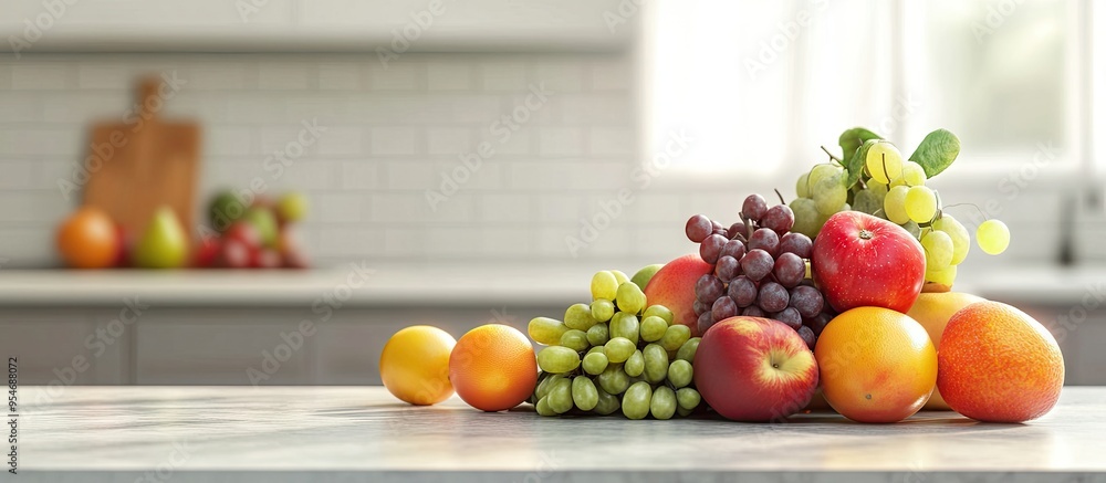 Poster fresh ripe fruits on the kitchen counter. with copy space image. place for adding text or design
