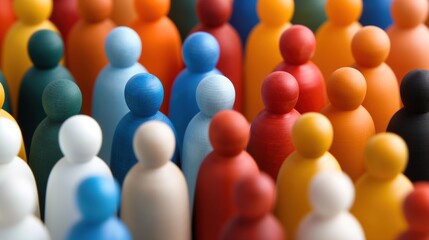 Obraz premium Numerous wooden figures in a variety of colors and shapes are closely packed together, forming an engaging visual representation of a diverse crowd in bright lighting