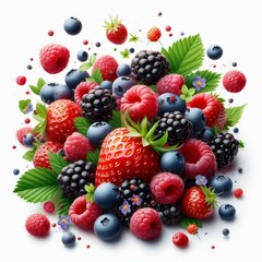 Obraz premium Falling wild berries mix, strawberry, raspberry, blueberry, blackberry, isolated on white background, full depth of field 