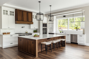 Sleek modern kitchen with a central island, white cabinetry, and dark wood accents, showcasing luxury design and high-end finishes.