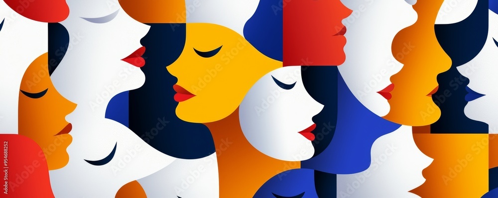 Poster cubist-inspired design with a repeating pattern of abstract faces, each formed from intersecting geo