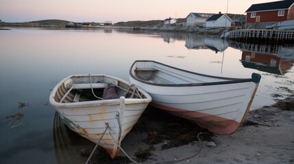 Obraz premium Two weathered wooden boats are anchored beside the shore, their reflections visible in the calm water of the harbor during twilight. The fading light enhances the serene atmosphere