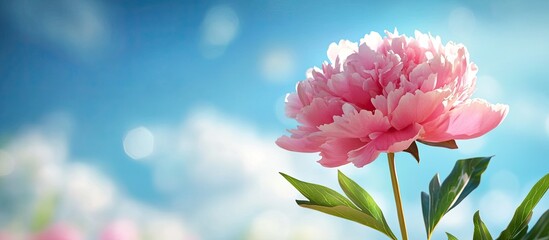 Fototapeta premium Pink peony flower in front of a blurred background featuring a blue sky. with copy space image. Place for adding text or design