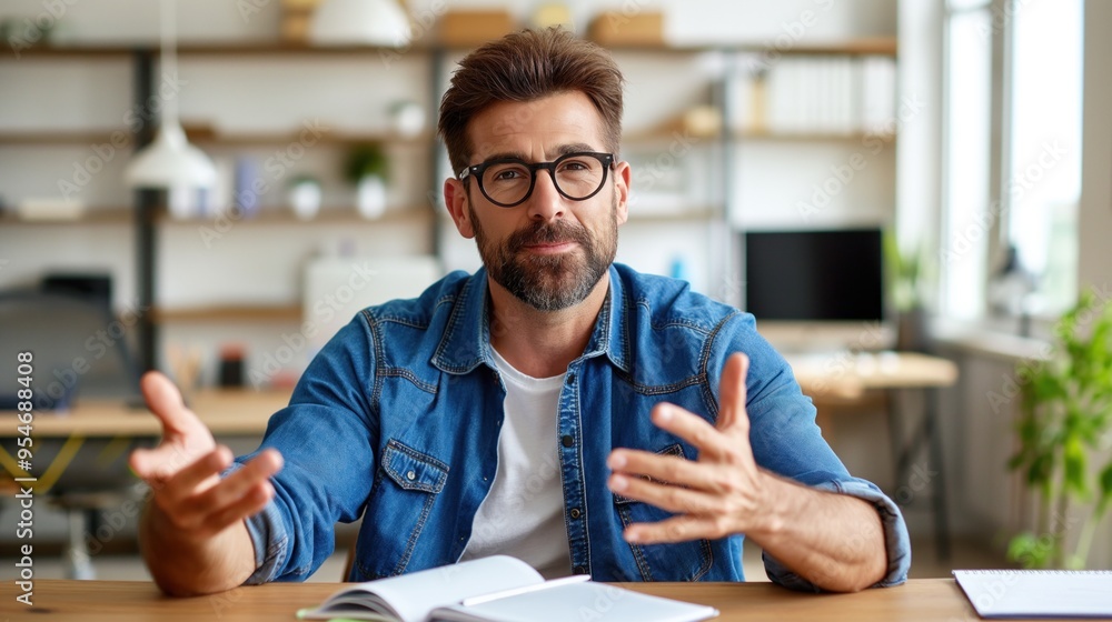 Poster a man sits at a table in a contemporary office setting, using hand gestures to emphasize his points 