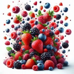 Obraz premium Falling wild berries mix, strawberry, raspberry, blueberry, blackberry, isolated on white background, full depth of field 