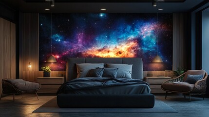 Nebula inspired sanctuary with a cosmic mural and glowing stars on the ceiling
