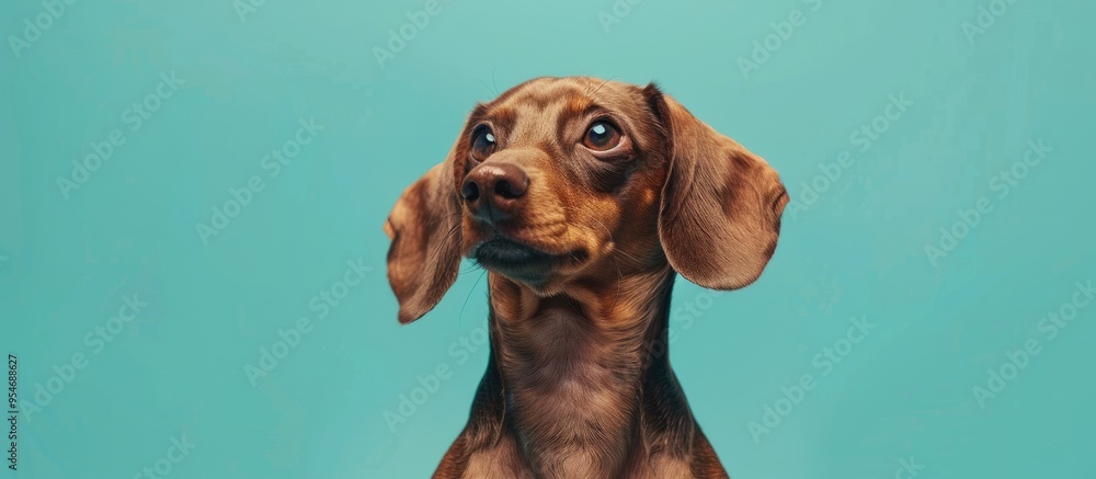 Poster studio portrait of a young dachshund set against a light blue background. with copy space image. pla