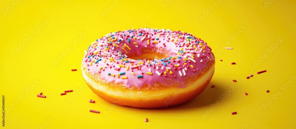 Aufkleber pink donut topped with sprinkles on a yellow background. with copy space image. Place for adding text or design