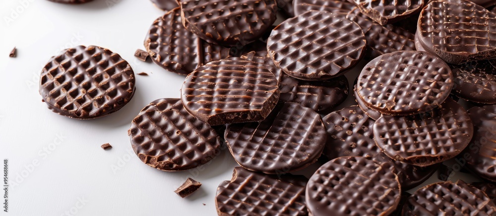 Poster chocolate wafers arranged on a white background with copyspace