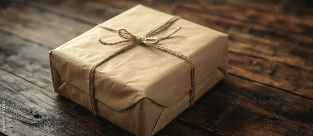 Poster Wrapped package box on a wooden surface. with copy space image. Place for adding text or design