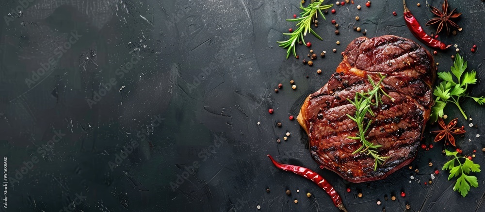Poster grilled ribeye beef steak with herbs and spices on a dark table top view copyspace for your text