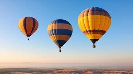 Fototapeta premium Three vibrant hot air balloons ascend into the early morning sky, surrounded by serene hills as golden sunlight bathes the landscape, promising a beautiful day ahead