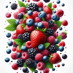 Fototapeta premium Falling wild berries mix, strawberry, raspberry, blueberry, blackberry, isolated on white background, full depth of field 