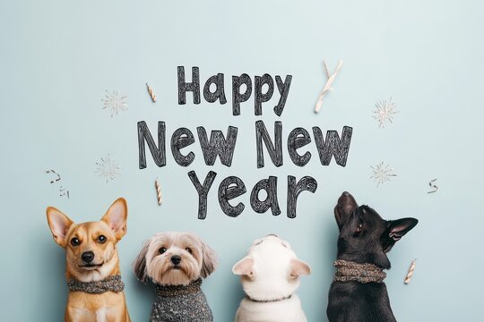 Pet Celebration Collage: Photos of pets dressed in festive New Year accessories. The text "Happy New Year" in a cute, pet-themed font.