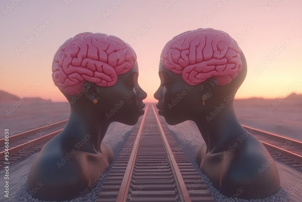Poster Psychopathology Parallel Artistic illustration of two mannequin heads with brains on a railway track symbolizing the journey of thought and the intersection of ideas