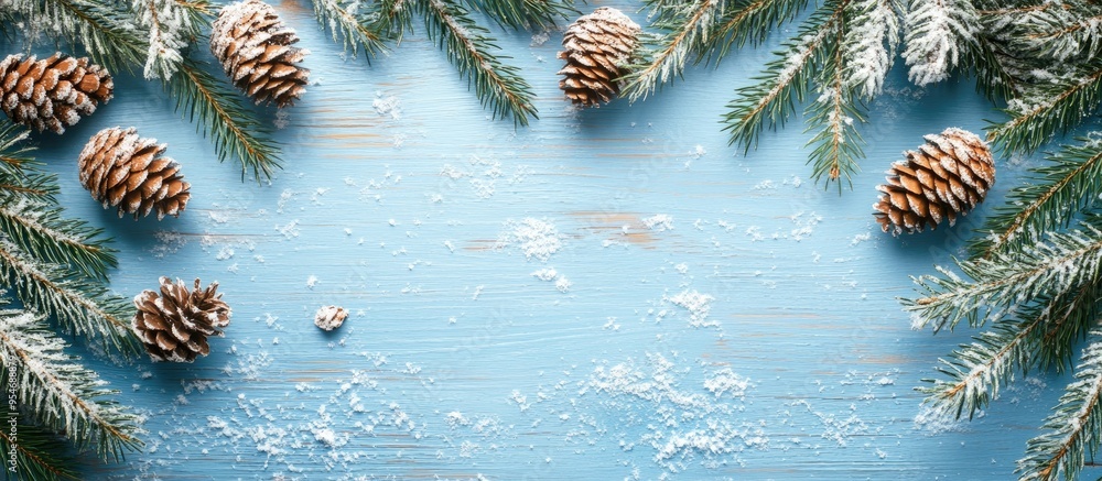 Poster Winter Christmas background featuring fir branches cones and snow on a blue wooden texture. with copy space image. Place for adding text or design