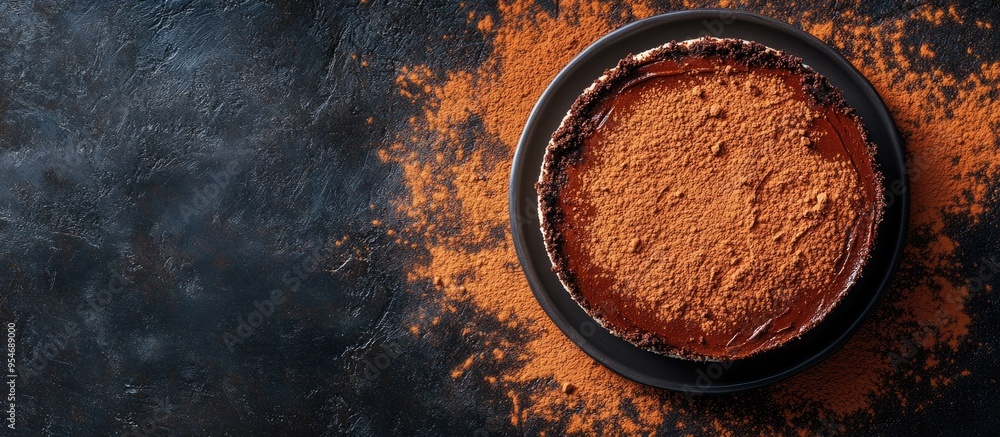 Fototapete top view of a cheesecake covered in cocoa powder and topped with f. with copy space image. place for